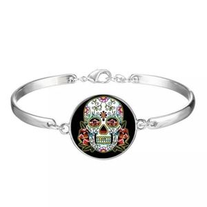 New Sugar Skull Glass Cabochon Silver Bracelet.